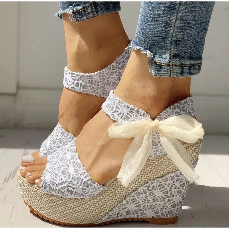 Damen nan romantische Spitzen-Keilabsatzsandalen mit Bast-Plateau und Zierschleife EB