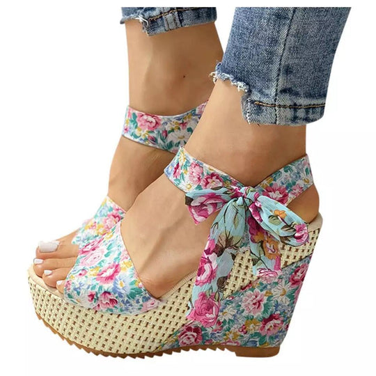 Damen nan romantische Spitzen-Keilabsatzsandalen mit Bast-Plateau und Zierschleife EB