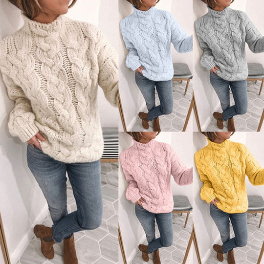 Damen Grobstrickpullover mit Kunststrickmuster und hohem Kragen EB