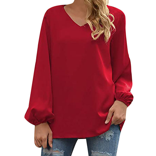 Damen Satin-Bluse mit elegantem V-Ausschnitt und ballonförmigen Ärmeln EB
