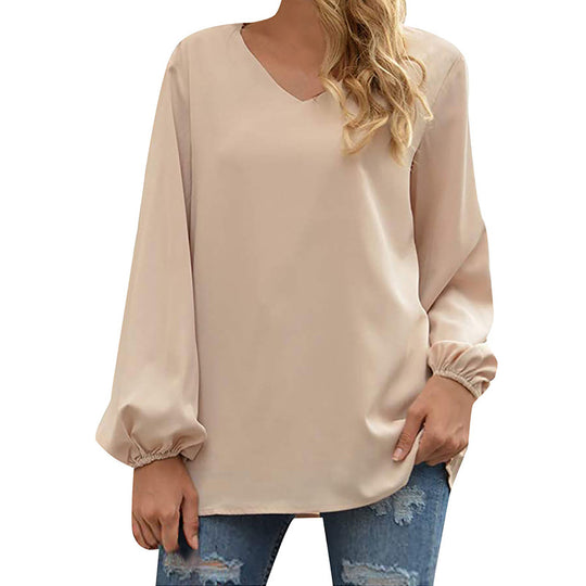 Damen Satin-Bluse mit elegantem V-Ausschnitt und ballonförmigen Ärmeln EB