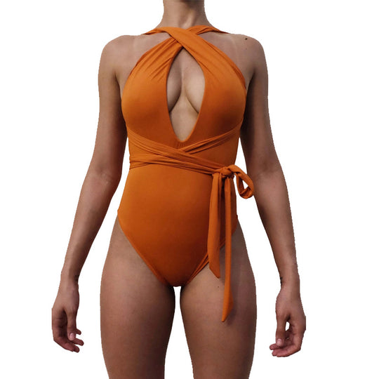 Damen Einteiler Badeanzug mit innovativem Wickel-Design und tiefem Ausschnitt EB