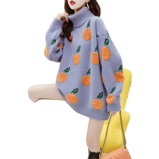 Damen Großer Rollkragenpullover mit fröhlichem Fruchtmuster EB