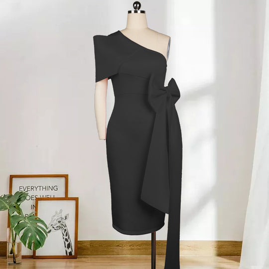 Damen elegantes Wickelkleid mit asymmetrischem Top und voluminösem Schleifenakzent EB
