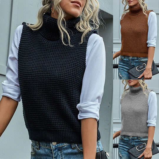Damen Grobstrick-Westenpulli mit hohem Kragen und raffiniertem Strukturmuster EB