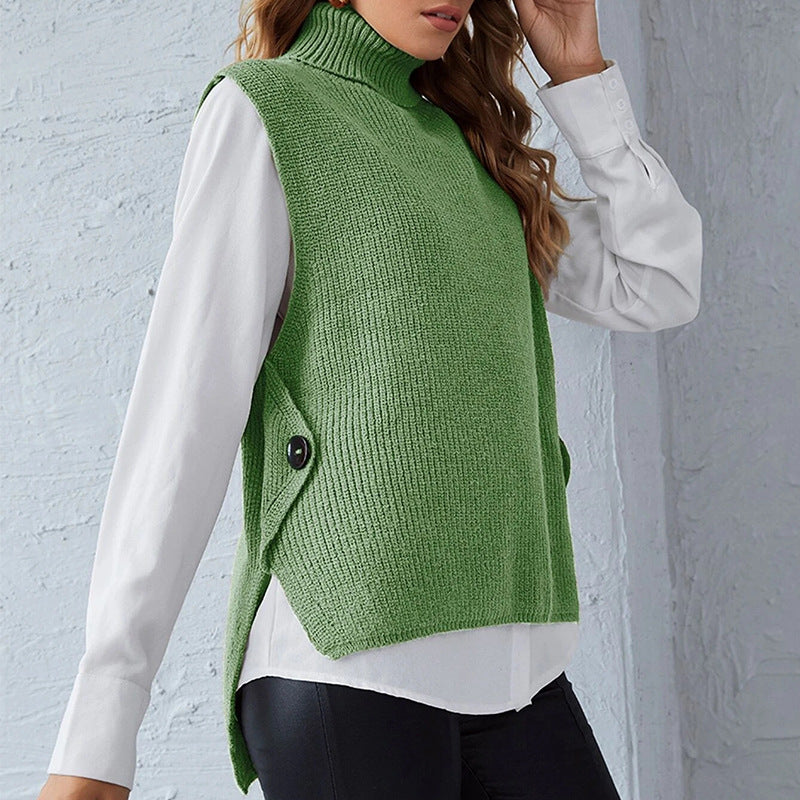 Damen ärmellose Strickjacke mit hohem Kragen und Knopfdetails EB