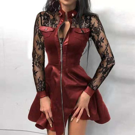 Damen nan tailliertes Mini-Kleid mit Hahnentritt-Oberteil, Kunstleder-Rock, Stehkragen und durchgehendem Reißverschluss EB