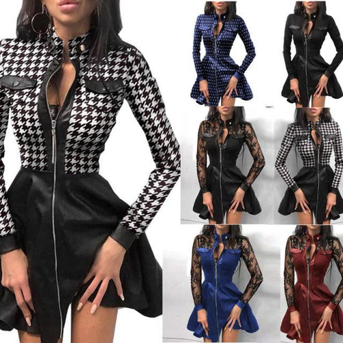 Damen nan tailliertes Mini-Kleid mit Hahnentritt-Oberteil, Kunstleder-Rock, Stehkragen und durchgehendem Reißverschluss EB