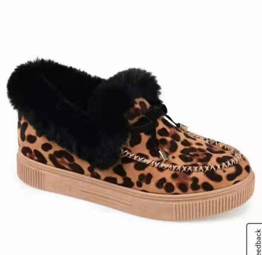 Damen Hausschuhe mit Leopardenmuster und Kunstfell EB
