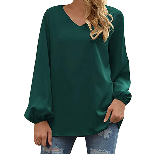 Damen Satin-Bluse mit elegantem V-Ausschnitt und ballonförmigen Ärmeln EB