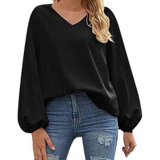 Damen Satin-Bluse mit elegantem V-Ausschnitt und ballonförmigen Ärmeln EB