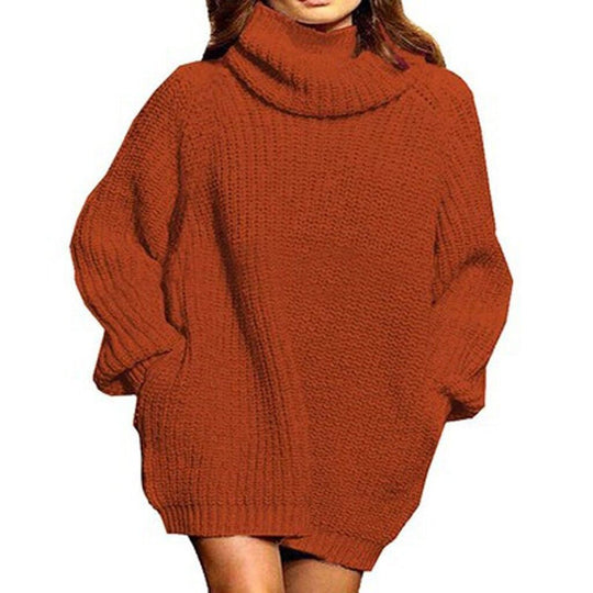 Damen gemütlicher Oversized Strickpullover mit hohem Kragen und praktischen Taschen EB