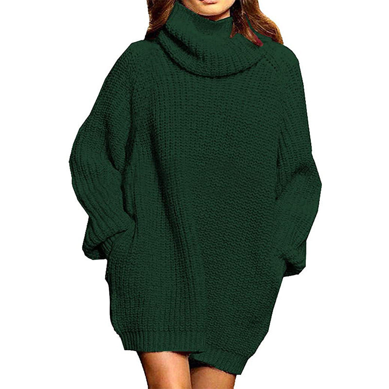 Damen gemütlicher Oversized Strickpullover mit hohem Kragen und praktischen Taschen EB
