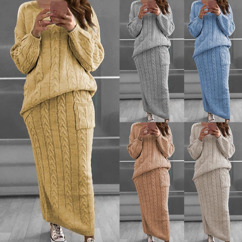 Damen nan Strickset Oversized Zopfmuster-Pullover und Maxi-Bleistiftrock mit aufgesetzter Tasche EB