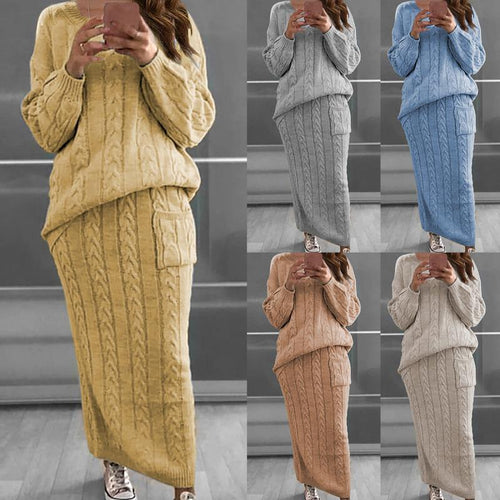 Damen nan Strickset Oversized Zopfmuster-Pullover und Maxi-Bleistiftrock mit aufgesetzter Tasche EB