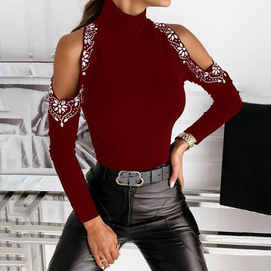 Damen Elegantes Oberteil mit freiem Schulterdesign und Spitzendetails EB