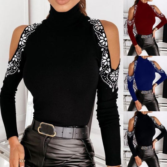 Damen Elegantes Oberteil mit freiem Schulterdesign und Spitzendetails EB