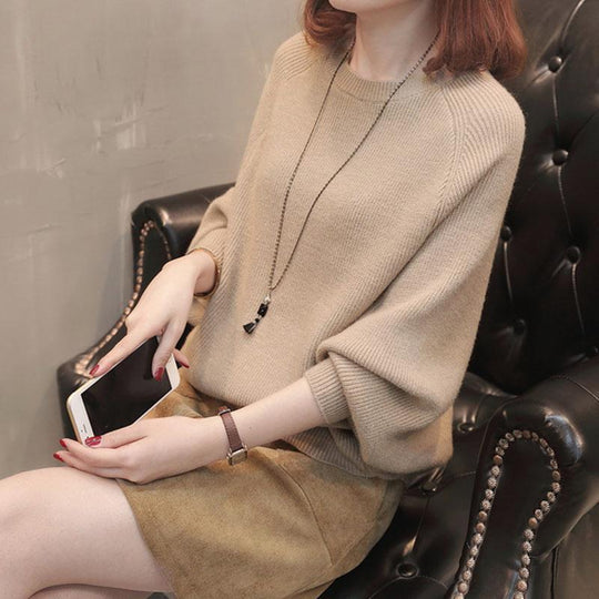 Damen Gemütlicher Strickpullover mit lässigem Schnitt und weiten Ärmeln EB