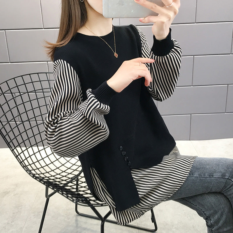Damen Layered Sweatshirt mit gestreiften Ärmeln und Knopfdetails EB