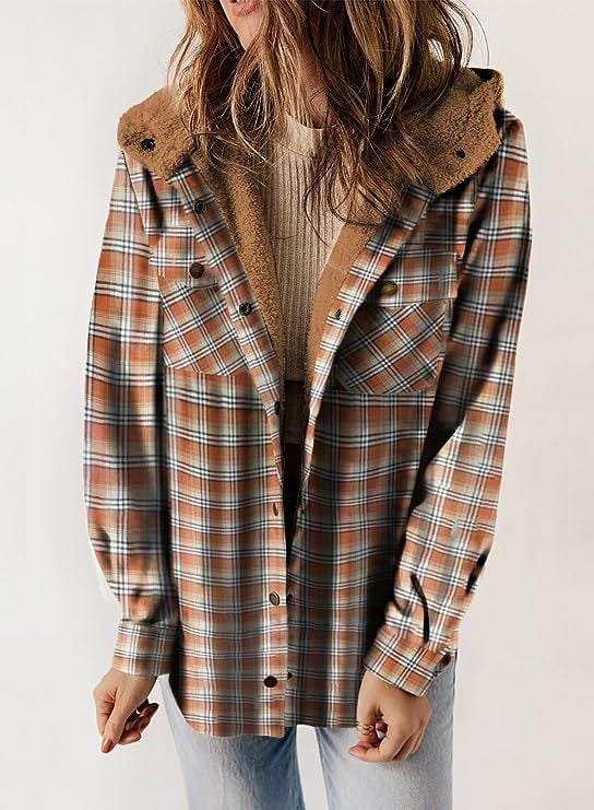 EB | Plaid Jacke Langarm Schnalle Wolle mit Kapuze