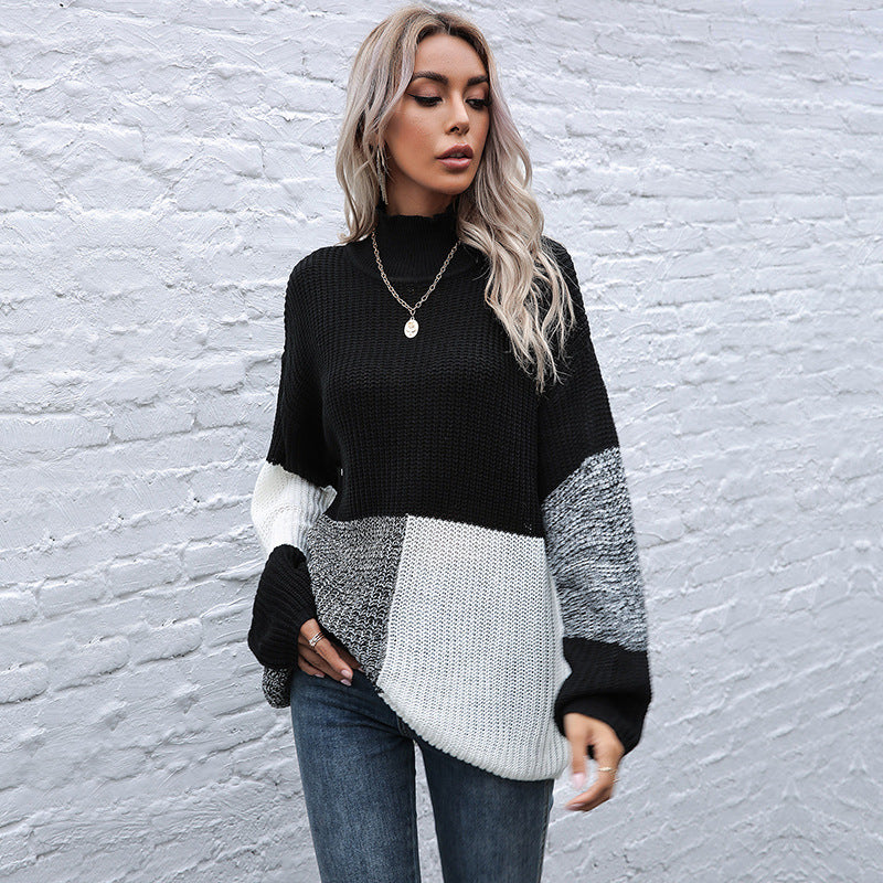 Damen Grobstrickpullover mit asymmetrischen Farbblockdesign und hohem Kragen EB