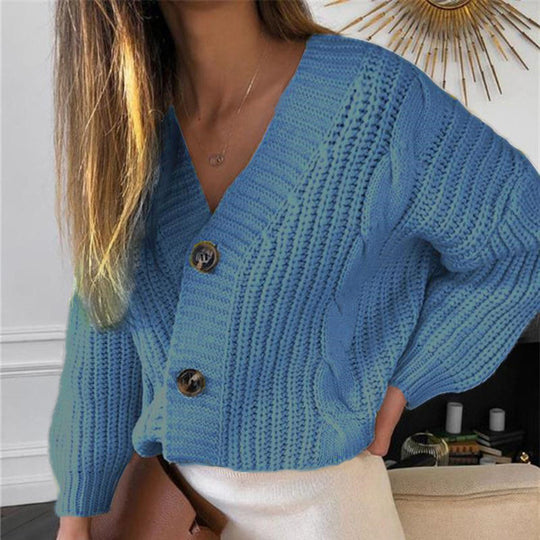 Damen Grobstrickjacke mit V-Ausschnitt und modischen Knöpfen EB
