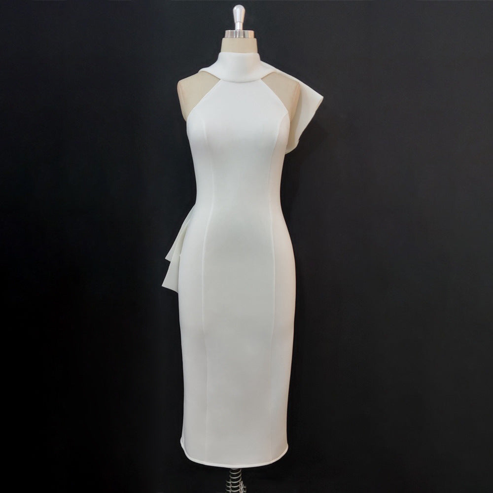 Damen Elegantes Midi-Kleid mit asymmetrischem Halsausschnitt und innovativem Rüschendetail EB