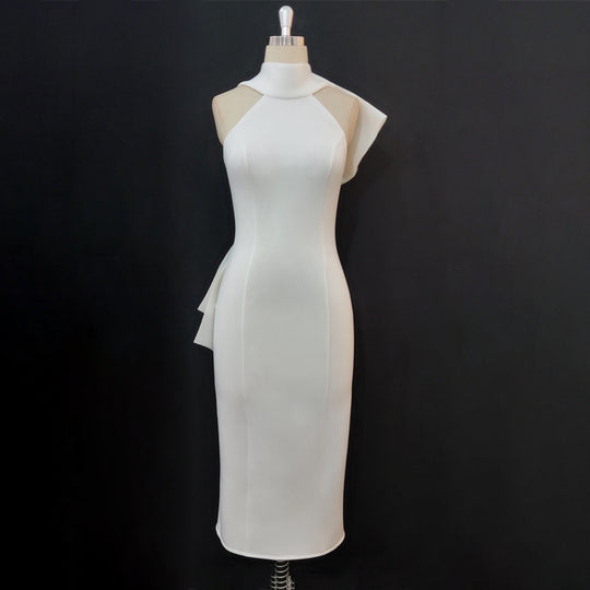 Damen Elegantes Midi-Kleid mit asymmetrischem Halsausschnitt und innovativem Rüschendetail EB