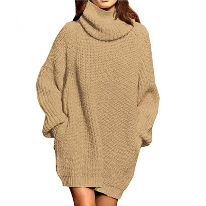 Damen gemütlicher Oversized Strickpullover mit hohem Kragen und praktischen Taschen EB