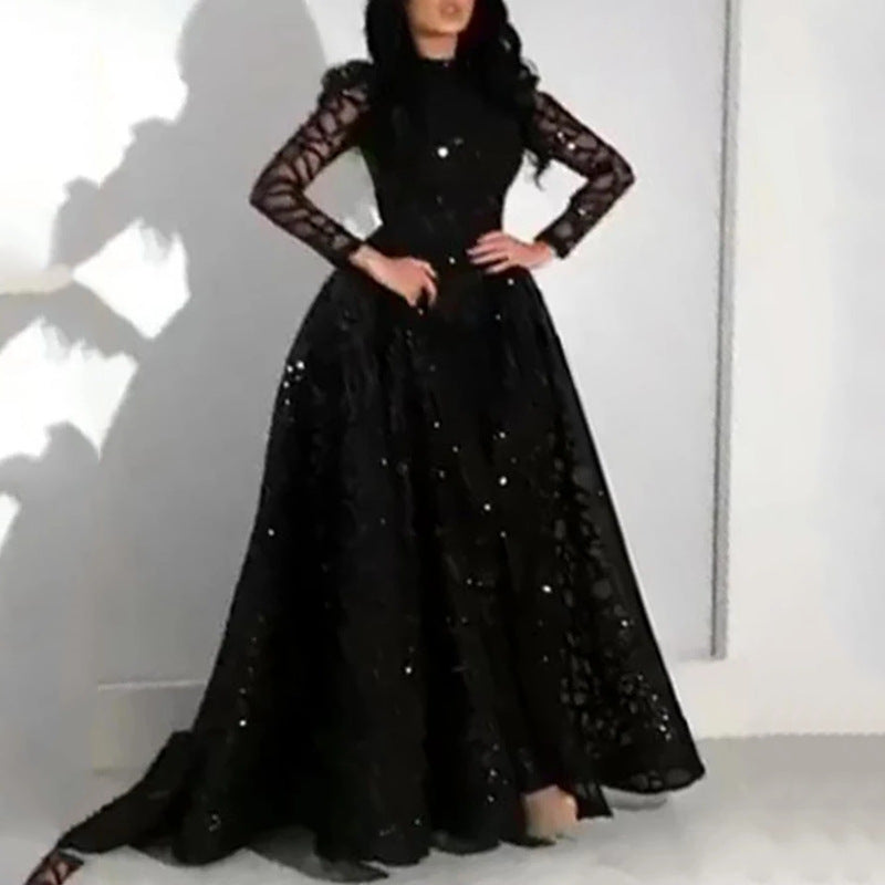 Damen Elegantes Abendkleid mit transparenten Ärmeln und glitzerndem Oberteil EB