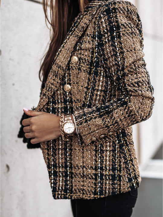 EB | Blazer Taillierte Passform Tweed Doppelreiher Kariertes Muster