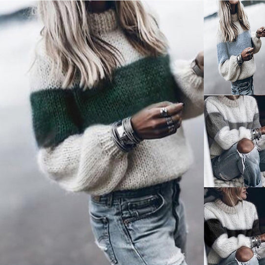 Damen modischer Strickpullover mit einzigartigen Farbdesigns und voluminösen Ärmeln EB