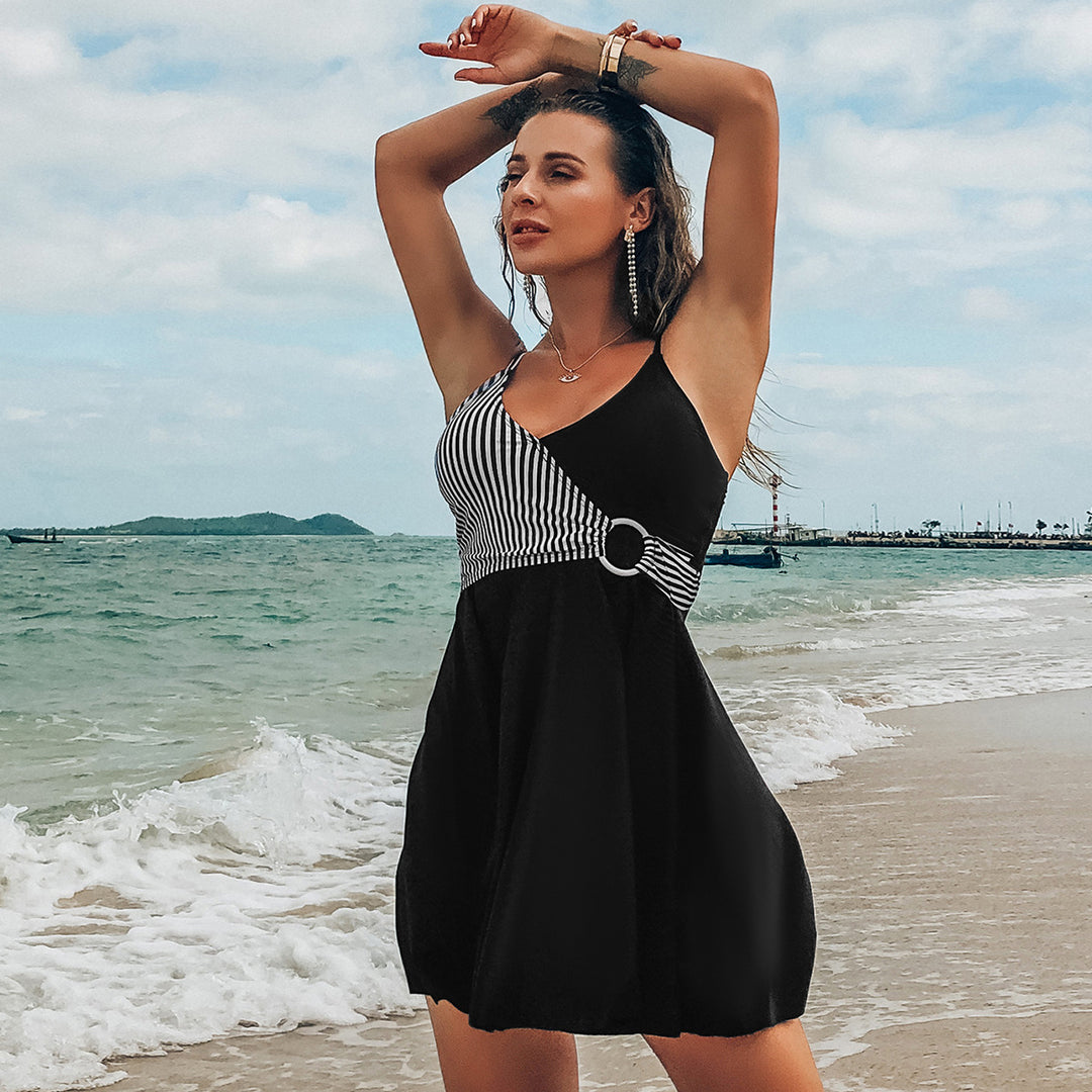 Damen sommerliches Kleid mit geometrischen Muster und Taillengürtel EB