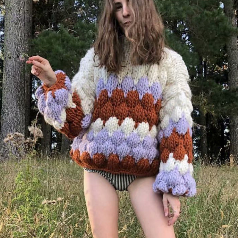 Damen modischer Grobstrickpullover mit farbenfrohem Wellenmuster und großzügigen Ärmeln EB