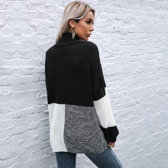 Damen Grobstrickpullover mit asymmetrischen Farbblockdesign und hohem Kragen EB