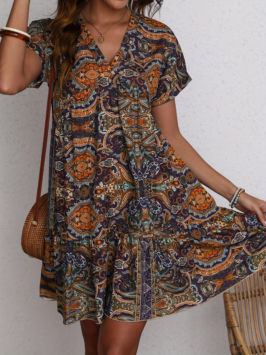 EB | Paisley V-Ausschnitt Kleid Locker Kurzarm Sommerkleid