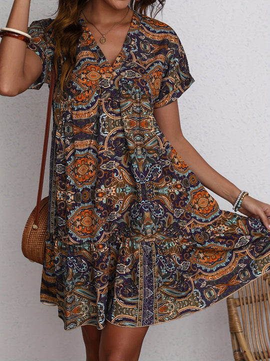 EB | Paisley V-Ausschnitt Kleid Locker Kurzarm Sommerkleid