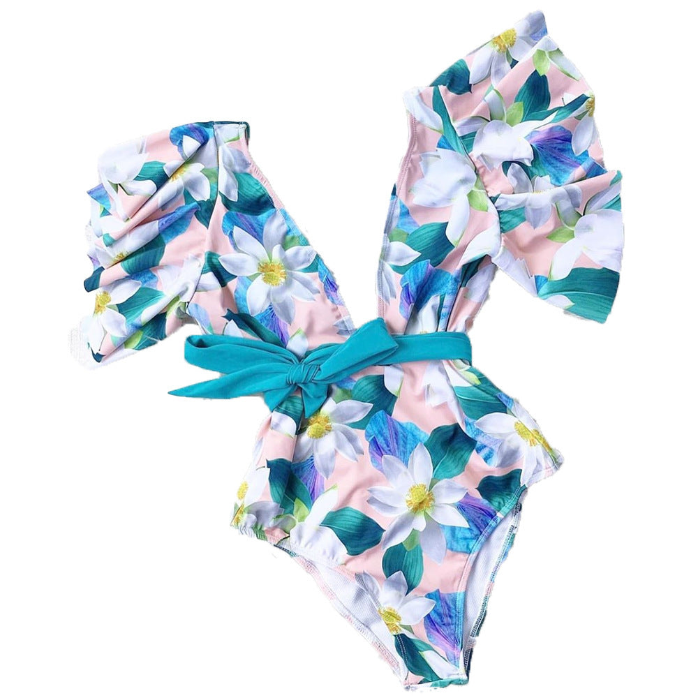 Damen Eleganter Badeanzug mit Volantärmeln und Taillengürtel EB