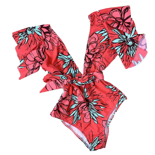 Damen Eleganter Badeanzug mit Volantärmeln und Taillengürtel EB