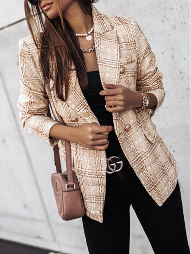 EB | Blazer Taillierte Passform Tweed Doppelreiher Kariertes Muster