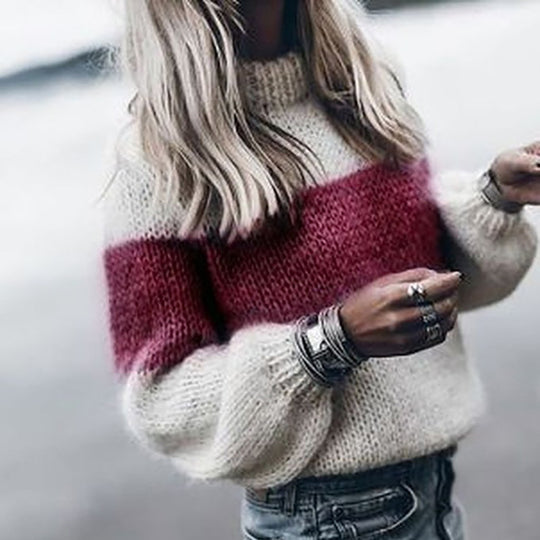 Damen modischer Strickpullover mit einzigartigen Farbdesigns und voluminösen Ärmeln EB