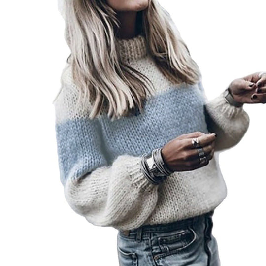 Damen modischer Strickpullover mit einzigartigen Farbdesigns und voluminösen Ärmeln EB
