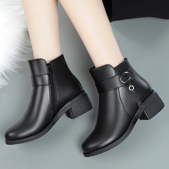 EB | Damen Echtes Leder Metall Schnalle Samt Stiefel