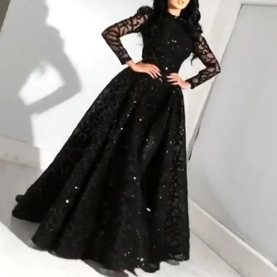 Damen Elegantes Abendkleid mit transparenten Ärmeln und glitzerndem Oberteil EB