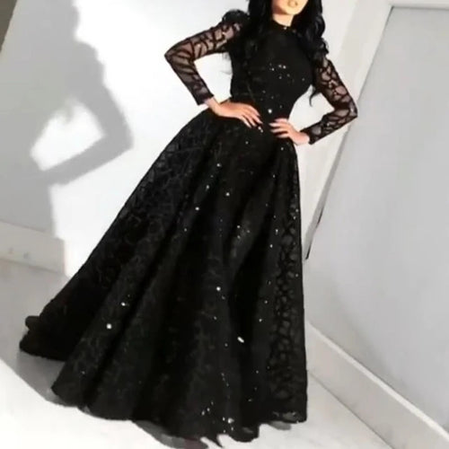 Damen Elegantes Abendkleid mit transparenten Ärmeln und glitzerndem Oberteil EB