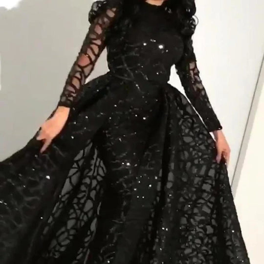Damen Elegantes Abendkleid mit transparenten Ärmeln und glitzerndem Oberteil EB