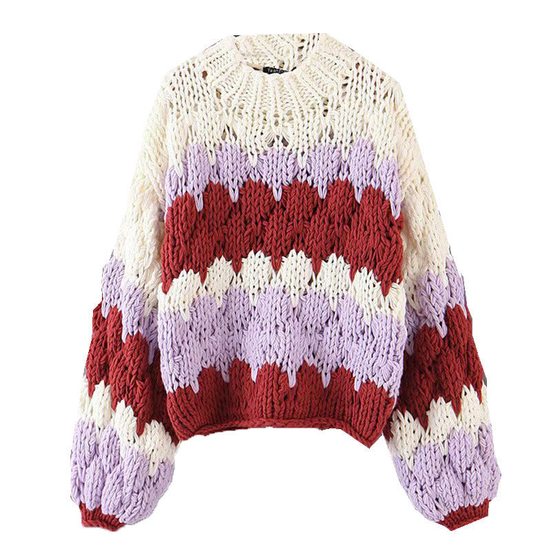 Damen modischer Grobstrickpullover mit farbenfrohem Wellenmuster und großzügigen Ärmeln EB