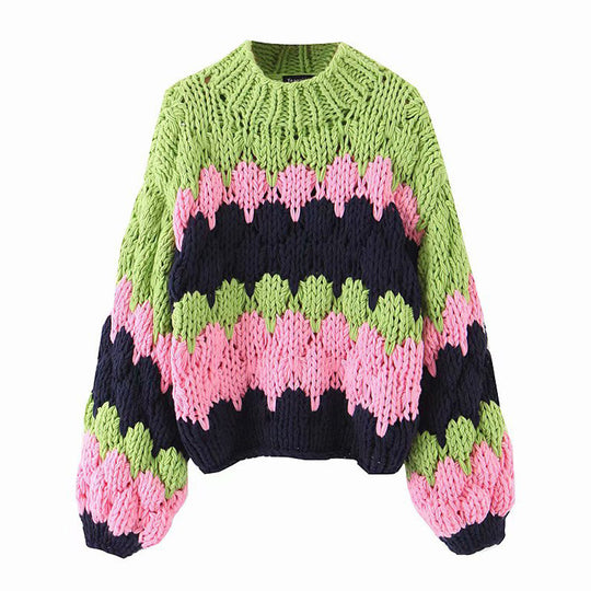 Damen modischer Grobstrickpullover mit farbenfrohem Wellenmuster und großzügigen Ärmeln EB