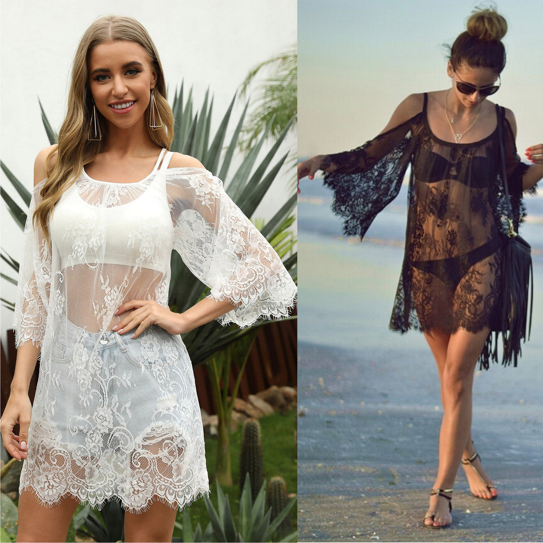 Damen transparenter Spitzen-Strandüberwurf EB
