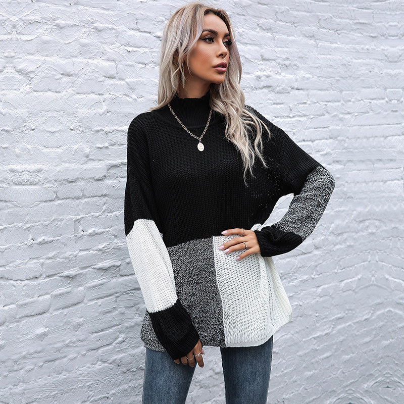 Damen Grobstrickpullover mit asymmetrischen Farbblockdesign und hohem Kragen EB